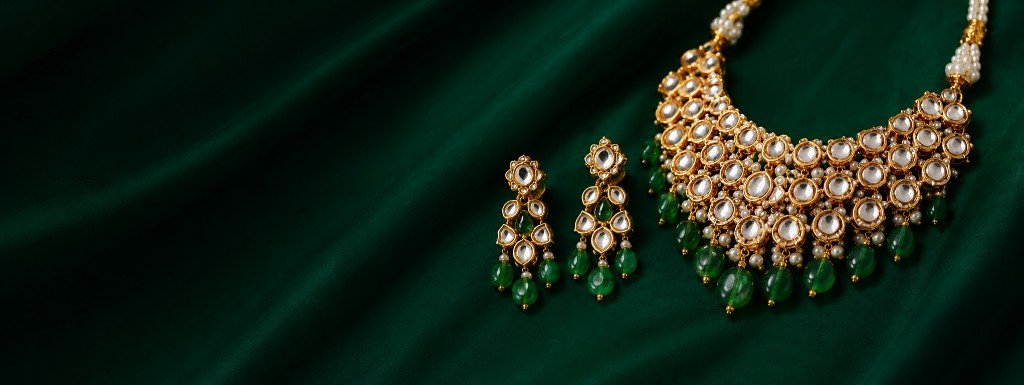 Premium Kundan necklace and earrings on emerald draped fabric